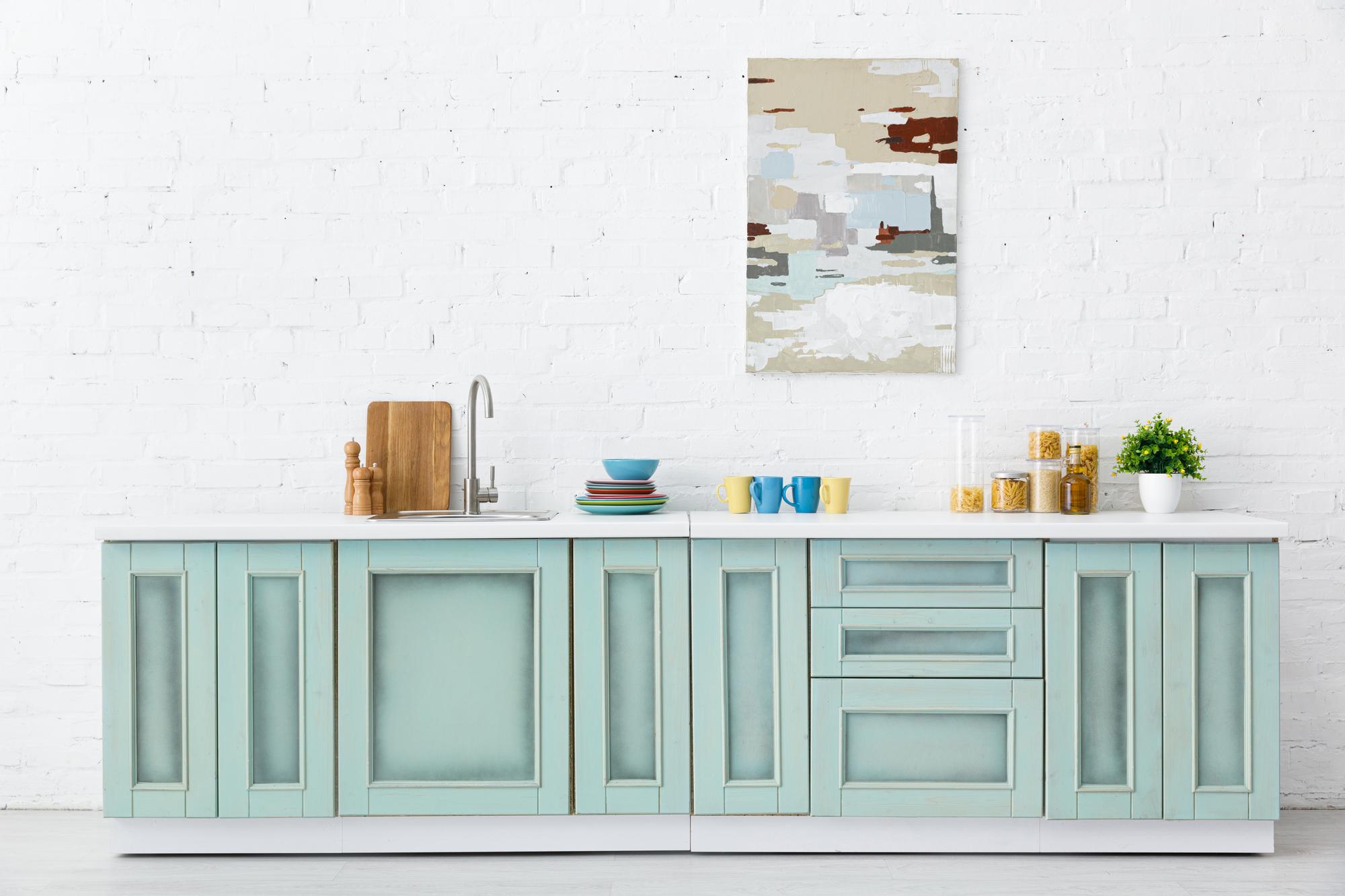 kitchen with pastel cabinetry
